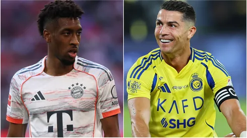 Kingsley Coman playing for FC Bayern München and Cristiano Ronaldo of Al Nassr.