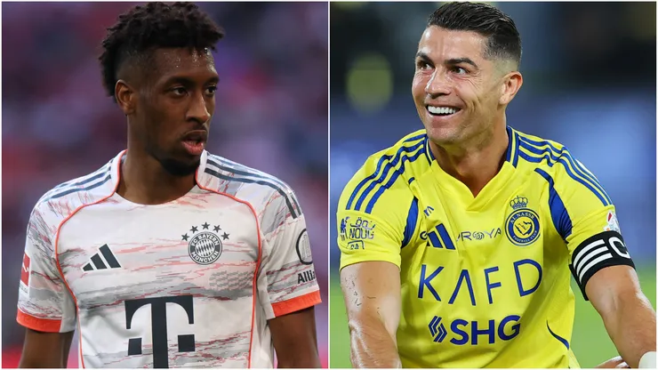 Kingsley Coman playing for FC Bayern München and Cristiano Ronaldo of Al Nassr.