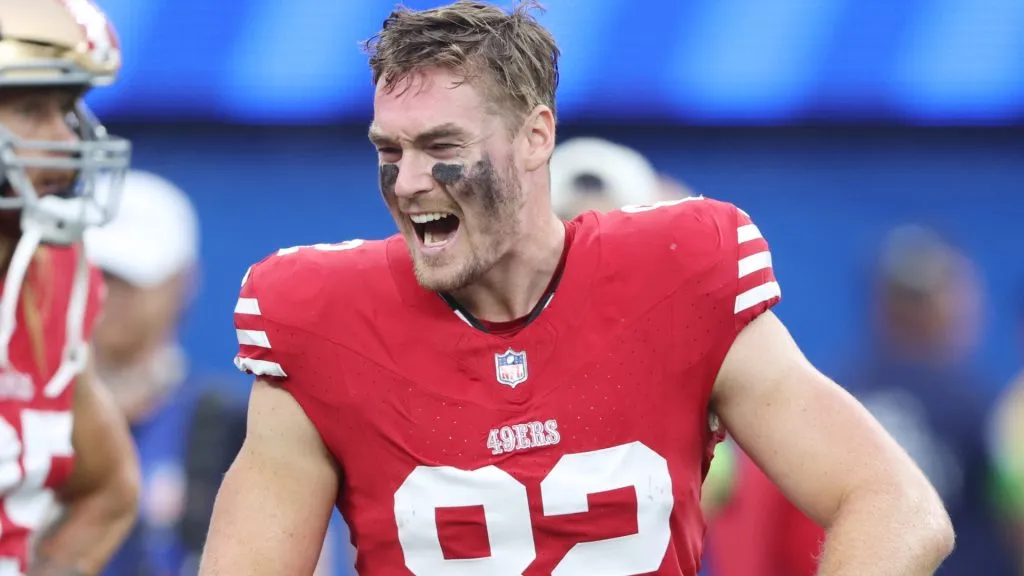 Ross Dwelley #82 of the San Francisco 49ers reacts during warm ups before the game against the Los Angeles Rams at SoFi Stadium on September 17, 2023 in Inglewood, California.