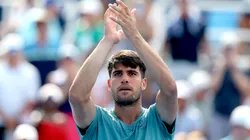 Carlos Alcaraz of Spain celebrates his win against Damir Dzumhur of Bosnia and Herzegovina during the Cincinnati Open.