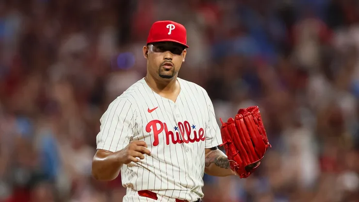 Jhoan Duran reacts after a strikeout on August 03, 2025 in Philadelphia.