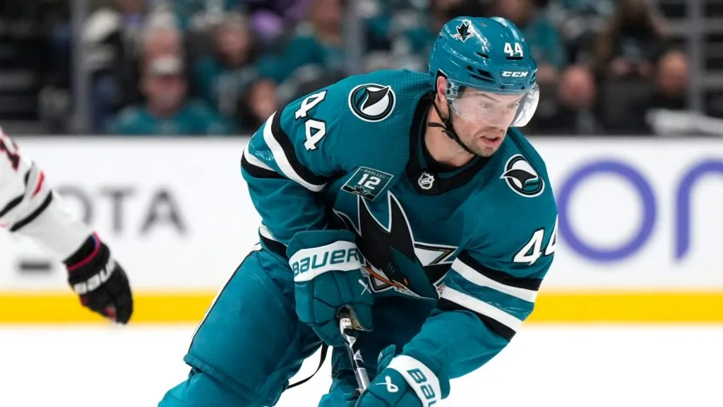 Marc-Edouard Vlasic #44 of the San Jose Sharks skates with the puck against the Chicago Blackhawks during the second period at SAP Center on February 25, 2023 in San Jose, California. (Photo by Thearon W. Henderson/Getty Images)