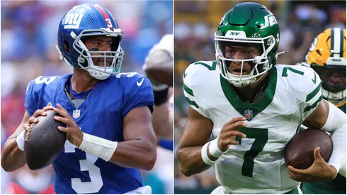 Russell Wilson #3 of the New York Giants and Justin Fields #7 of the New York Jets.