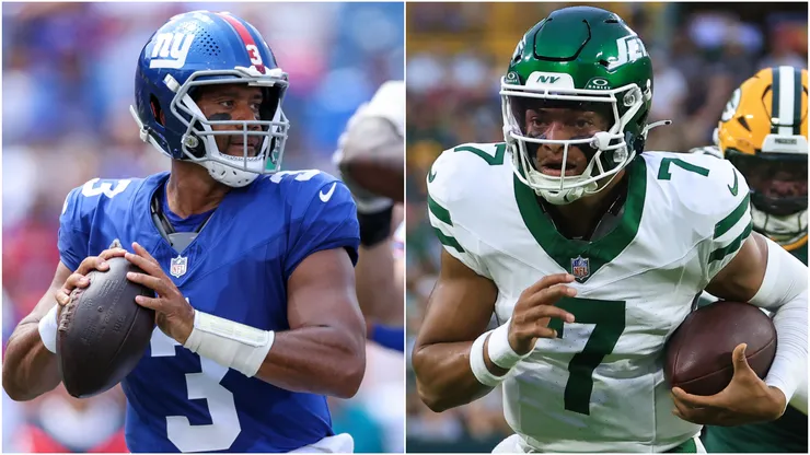 Russell Wilson #3 of the New York Giants and Justin Fields #7 of the New York Jets.