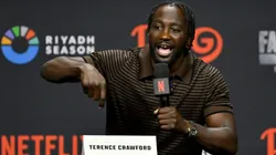 Terence Crawford speaks onstage during the Canelo Alvarez vs. Terence Crawford Las Vegas Press Conference at T-Mobile Arena on June 27, 2025 in Las Vegas, Nevada.