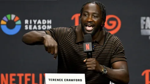 Terence Crawford speaks onstage during the Canelo Alvarez vs. Terence Crawford Las Vegas Press Conference at T-Mobile Arena on June 27, 2025 in Las Vegas, Nevada.