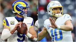 Matthew Stafford #9 of the Los Angeles Rams and Justin Herbert #10 of the Los Angeles Chargers.