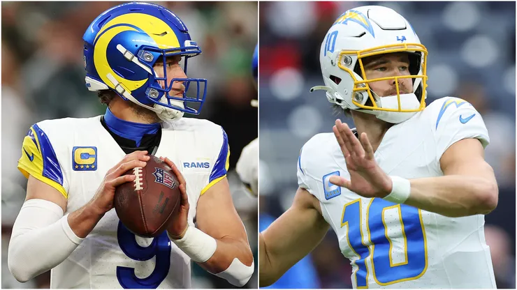 Matthew Stafford #9 of the Los Angeles Rams and Justin Herbert #10 of the Los Angeles Chargers.