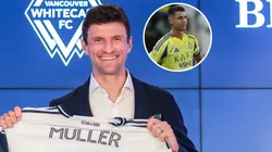 German football player Thomas Müller holds his jersey as he was introduced by the Vancouver Whitecaps and Cristiano Ronaldo of Al Nassr.