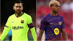 Lionel Messi during his time with Barcelona and Lamine Yamal #10 of Barcelona.