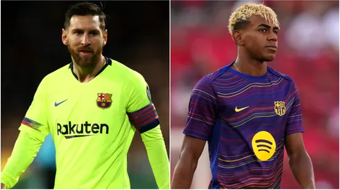 Lionel Messi during his time with Barcelona and Lamine Yamal #10 of Barcelona.