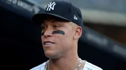 Aaron Judge #99 of the New York Yankees looks on before the game against the Minnesota Twins at Yankee Stadium on August 12, 2025 in the Bronx borough of New York City.