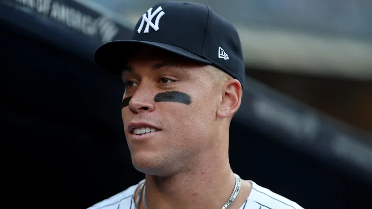 Aaron Judge #99 of the New York Yankees looks on before the game against the Minnesota Twins at Yankee Stadium on August 12, 2025 in the Bronx borough of New York City.