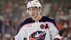 Zach Werenski #8 of the Columbus Blue Jackets looks on during a game against the Philadelphia Flyers at the Wells Fargo Center on December 21, 2024 in Philadelphia, Pennsylvania.