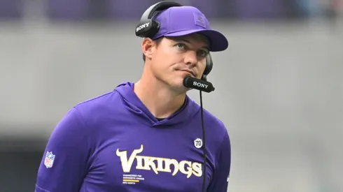 Kevin O'Connell head coach of the Minnesota Vikings looks on during the second quarter of the NFL Preseason 2025 game against the New England Patriots.