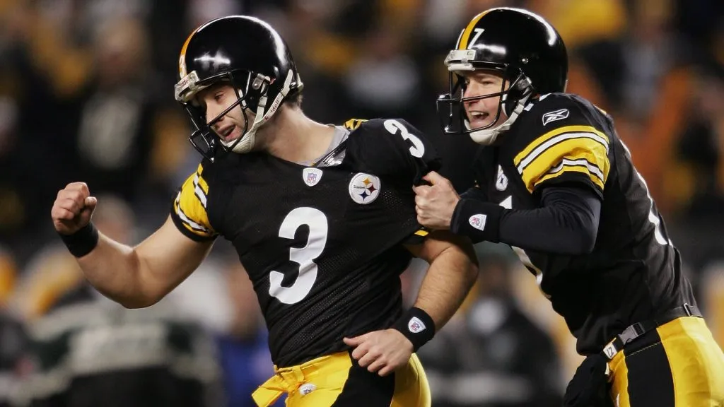 Jeff Reed Chris Gardocki of the Pittsburgh Steelers celebrate the game winning field goal against the New York Jets in an AFC divisional game at Heinz Field on January 15, 2005. (Source: Andy Lyons/Getty Images)