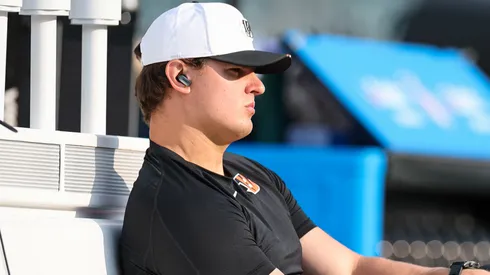 Trey Hendrickson #91 of the Cincinnati Bengals looks on from the bench before the NFL Preseason 2025 game against the Philadelphia Eagles at Lincoln Financial Field on August 7, 2025 in Philadelphia, Pennsylvania.