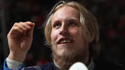Patrik Laine #29 of the Winnipeg Jets prepares to play against the New Jersey Devils at the Prudential Center on March 8, 2018 in Newark, New Jersey.