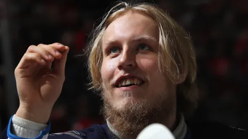 Patrik Laine #29 of the Winnipeg Jets prepares to play against the New Jersey Devils at the Prudential Center on March 8, 2018 in Newark, New Jersey.