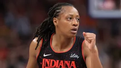 Kelsey Mitchell #0 of the Indiana Fever reacts during the second quarter against the Dallas Wings at Gainbridge Fieldhouse on August 12, 2025 in Indianapolis, Indiana.