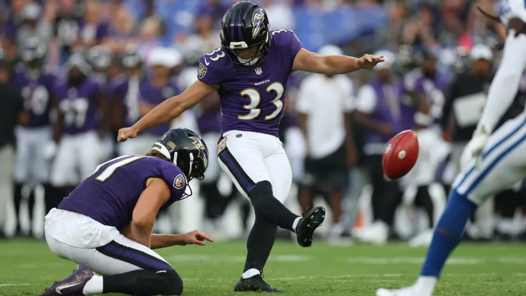 Place kicker Tyler Loop #33 of the Baltimore Ravens in action during the NFL Preseason 2025 game between Indianapolis Colts and Baltimore Ravens at M&amp;T Bank Stadium on August 7, 2025 in Baltimore, Maryland