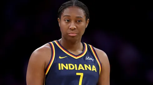 Aliyah Boston #7 of the Indiana Fever looks on during the first half of a game against the Los Angeles Sparks at Crypto.com Arena on August 05, 2025 in Los Angeles, California.