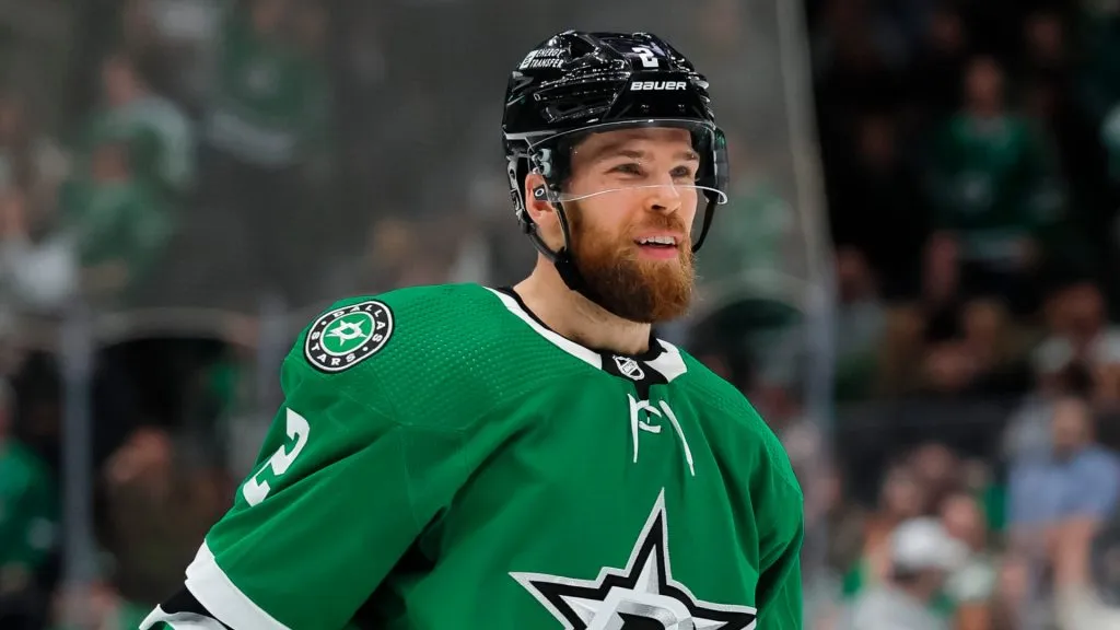 Jani Hakanpaa #2 of the Dallas Stars reacts after assisting on Joe Pavelski's #16 first period goal against the Winnipeg Jets at American Airlines Center on February 29, 2024 in Dallas, Texas