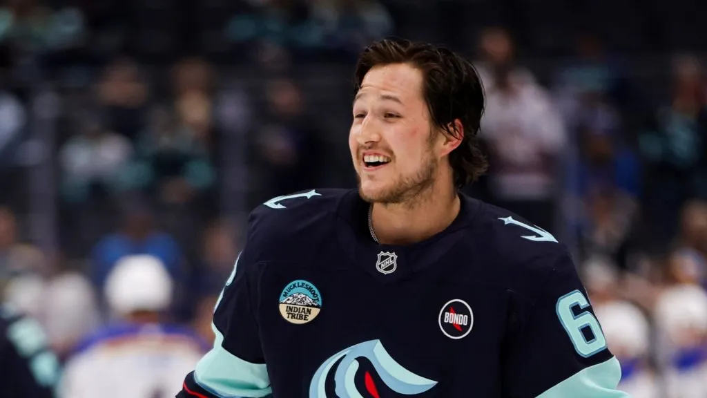 Brandon Montour #62 of the Seattle Kraken warms up before a game against the St. Louis Blues at Climate Pledge Arena on April 12, 2025 in Seattle, Washington.