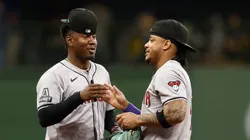 Geraldo Perdomo #2 and Ketel Marte #4 of the Arizona Diamondbacks celebrate a 5-1 win over the Milwaukee Brewers at American Family Field on September 19, 2024 in Milwaukee, Wisconsin.