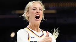 Sophie Cunningham #8 of the Indiana Fever reacts to a three-point shot against the Phoenix Mercury during the second half of the WNBA game at PHX Arena on August 07, 2025 in Phoenix, Arizona. The Mercury defeated the Fever 95-60.