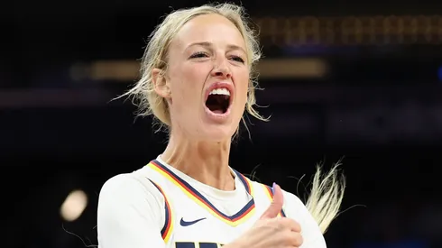 Sophie Cunningham #8 of the Indiana Fever reacts to a three-point shot against the Phoenix Mercury during the second half of the WNBA game at PHX Arena on August 07, 2025 in Phoenix, Arizona. The Mercury defeated the Fever 95-60.