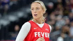 Sophie Cunningham #8 of the Indiana Fever runs on the court in the first quarter of a game against the Las Vegas Aces at T-Mobile Arena on June 22, 2025 in Las Vegas, Nevada. The Aces defeated the Fever 89-81.