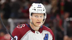 Nathan MacKinnon #29 of the Colorado Avalanche looks on against the Chicago Blackhawks during the first period at the United Center on February 29, 2024 in Chicago, Illinois.