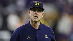 Head coach Jim Harbaugh of the Michigan Wolverines reacts during warm-ups prior to the 2024 CFP National Championship game against the Washington Huskies at NRG Stadium on January 08, 2024 in Houston, Texas.