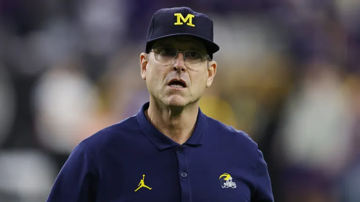 Head coach Jim Harbaugh of the Michigan Wolverines reacts during warm-ups prior to the 2024 CFP National Championship game against the Washington Huskies at NRG Stadium on January 08, 2024 in Houston, Texas.