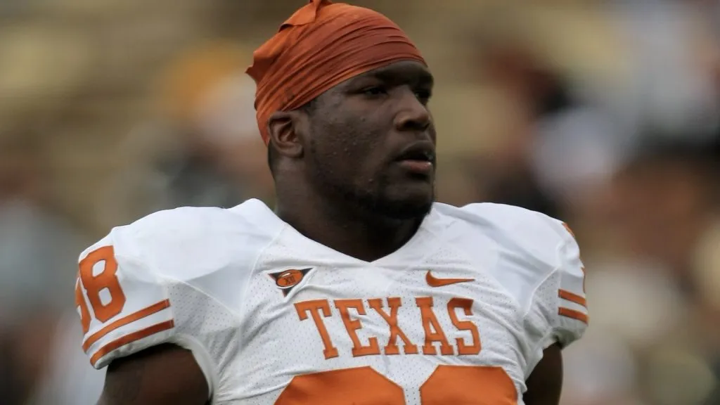 Brian Orakpo #98 of the Texas Longhorns warms up prior to facing the Colorado Buffaloes at Folsom Field on October 4, 2008. (Source: Doug Pensinger/Getty Images)