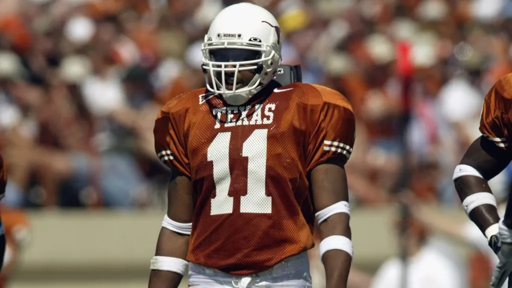 Linebacker Derrick Johnson #11 of the Texas Longhorns stands on the field during the Big 12 Conference football game against the Oklahoma State Cowboys on October 5, 2002. (Source: Ronald Martinez/Getty Images)