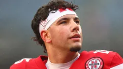 Dylan Raiola #15 of the Nebraska Cornhuskers warms up before the Bad Boy Mowers Pinstripe Bowl against the Boston College Eagles at Yankee Stadium on December 28, 2024 in New York City.