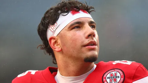 Dylan Raiola #15 of the Nebraska Cornhuskers warms up before the Bad Boy Mowers Pinstripe Bowl against the Boston College Eagles at Yankee Stadium on December 28, 2024 in New York City.