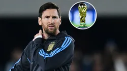 Lionel Messi of Argentina warms up prior to the FIFA World Cup 2026 South American Qualifier match between Argentina and Colombia and World Cup trophy.