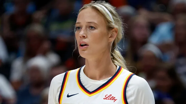 Sophie Cunningham #8 of the Indiana Fever looks on before during the game against the Dallas Wings at American Airlines Center on August 1, 2025 in Dallas, Texas.