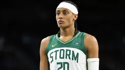 Brittney Sykes #20 of the Seattle Storm waits to shoot a free throw against the Las Vegas Aces in the fourth quarter of their game at Michelob ULTRA Arena on August 08, 2025.
