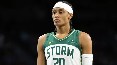 Brittney Sykes #20 of the Seattle Storm waits to shoot a free throw against the Las Vegas Aces in the fourth quarter of their game at Michelob ULTRA Arena on August 08, 2025.