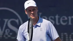 Jannik Sinner of Italy reacts after winning a point during the match against Térence Atmane of France during Day 10 of the Cincinnati Open at the Lindner Family Tennis Center on August 16, 2025 in Mason, Ohio.
