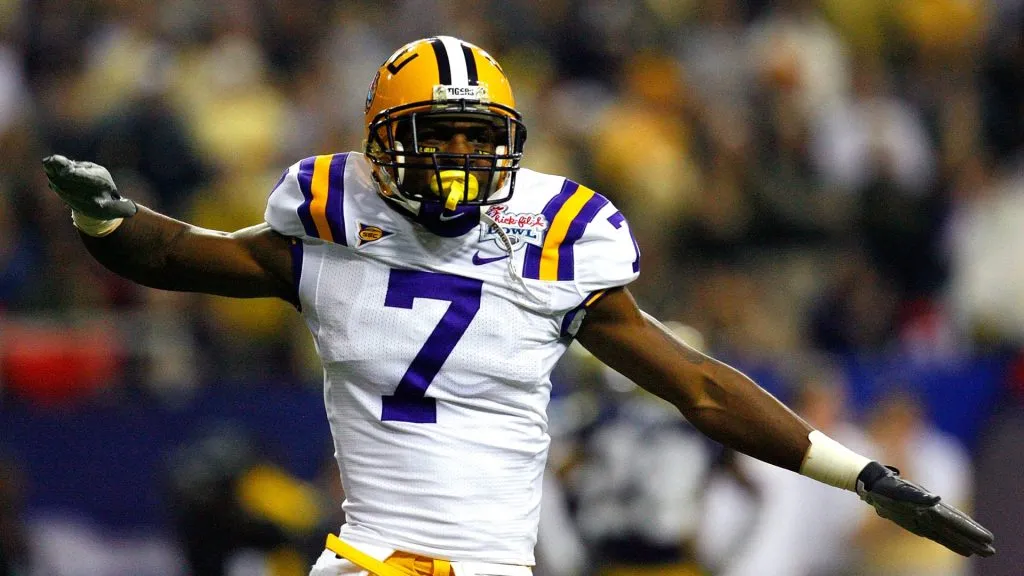 Cornerback Patrick Peterson #7 of the LSU Tigers reacts after forcing a fumble and turnover by the Georgia Tech Yellow Jackets during the Chick-fil-A Bowl on December 31, 2008. (Source: Kevin C. Cox/Getty Images)