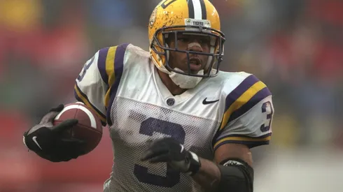 Running back Kevin Faulk of the Louisiana State Tigers moves the ball during a game against the Arkansas Razorbacks at the War Memorial Stadium in 1996.