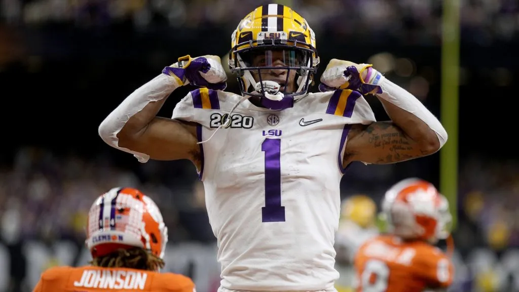 Ja’Marr Chase #1 of the LSU Tigers reacts to a touchdown during the first half against the Clemson Tigers in the College Football Playoff National Championship game in 2020. (Source: Chris Graythen/Getty Images)