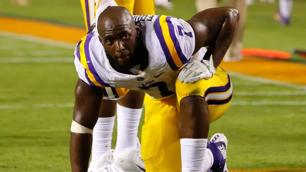 Leonard Fournette #7 of the LSU Tigers reacts after the Auburn Tigers won 18-13 over an official review to end the game at Jordan-Hare Stadium on September 24, 2016. (Source: Kevin C. Cox/Getty Images)