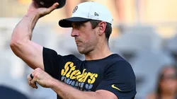 Aaron Rodgers #8 of the Pittsburgh Steelers throws a pass prior to the NFL Preseason 2025 game against the Tampa Bay Buccaneers.