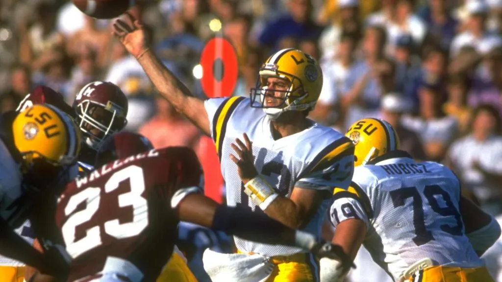 Tommy Hodson #13, quarterback for Luisiana State, releases a pass during their 28-16 loss to Texas A&M in 1989. (Source: Joe Patronite/Allsport)